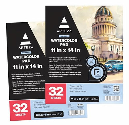 ARTEZA Watercolor Paper Pads, 11 x 14 in, Cold Press, 2 Pack, 64 Sheets