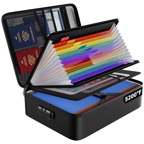 ENGPOW Fireproof File Organizer Bag with 13 Colorful Pockets Accordion File Folder,5200℉ Document Organizer Box with Lock&Labels,Multi-Layer Portable Home Safe Storage for Important Documents,Files - color: Black, size: 15.1" x 11.2" x 4.3",Colorful