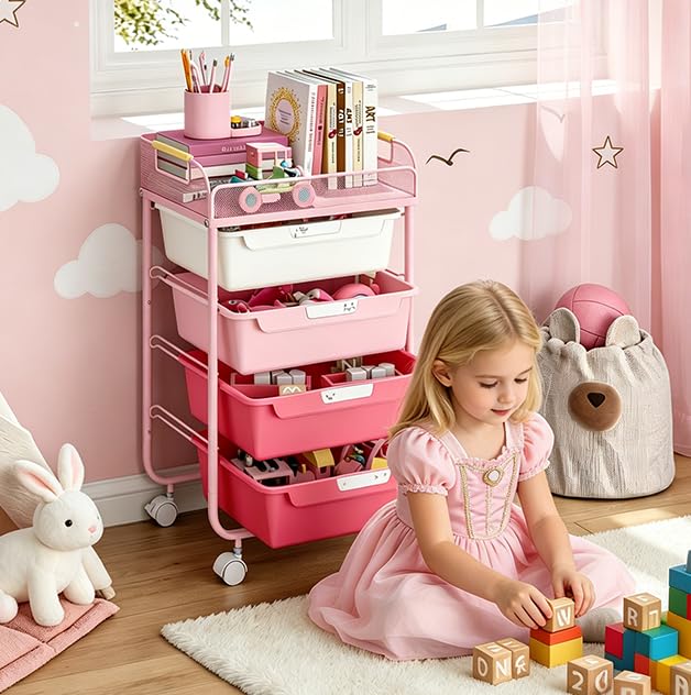 SYKIARIOL 4-Drawer Rolling Storage Cart with Mesh Top, Rose Pink - color: Gradient Pink
