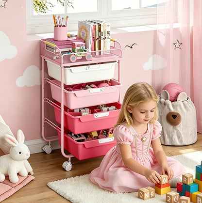 SYKIARIOL 4-Drawer Rolling Storage Cart with Mesh Top, Rose Pink - color: Gradient Pink