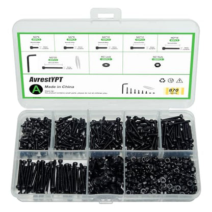 870Pcs M2x6/8/10/12/16/20mm Metric Screw Assortment Kit Assorted Bolts Nuts and Washers Kit Fully Threaded Assortment Kits Hex Socket Head Cap Screws Bolts Nuts Washers Set for Electronics,Machinery - size: M2x6/8/10/12/16/20-870Pcs