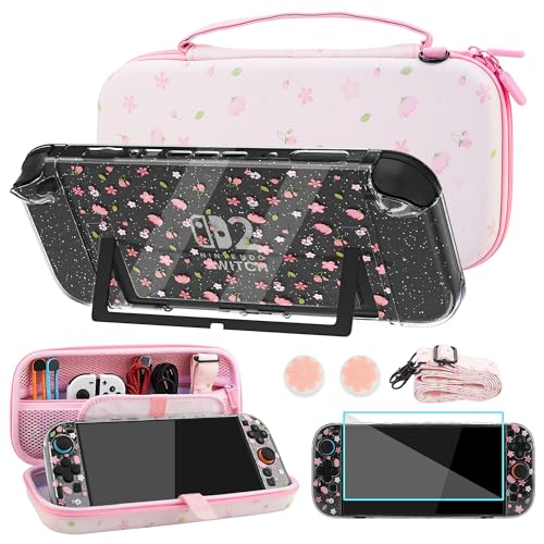 FUNDIARY Travel Carrying Case for Switch 2 with Pink Sakura Design, Cute Accessories with Portable Storage Bag, Glitter Sakura Split Protective Cover, Shoulder Strap, Screen Protector and 2 Thumb Caps - color: Pink Sakura