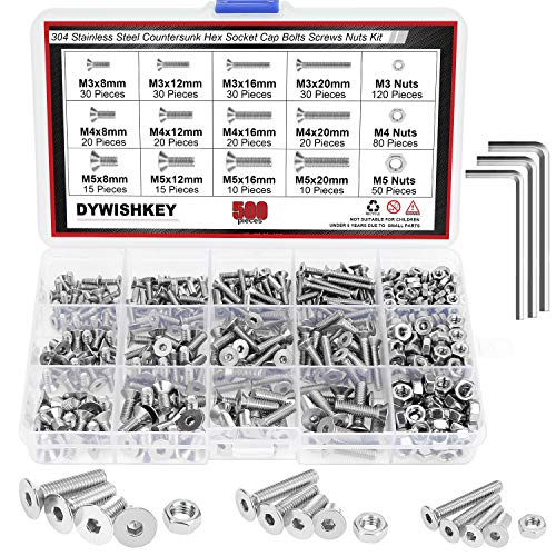 DYWISHKEY 500PCS Metric M3 M4 M5, 304 Stainless Steel Flat Head Countersunk Socket Cap Bolts Screws Nuts Assortment Kit with Hex Wrenches - size: M3 M4 M5