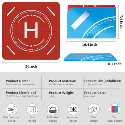 FPVtosky Nighttime Reflective Drone Landing Pad, Fast-fold Double Sided Waterproof Landig Pad Weighted for DJI Lito X1/Mini 5 Pro/ 4/3 Pro/Mini 4k / Mavic 4 / Air 3s/ Avata 2/ Neo/Flip - size: 20 in