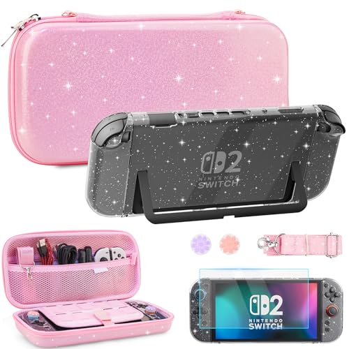 FUNDIARY Pink Glitter Switch 2 Carrying Case for NS Switch 2, Cute Case Bundle with Portable Storage Travel Bag, Hard Shell Dockable Cover, Screen Protector & 2 Thumb Caps, Christmas Gifts for Girls - color: Pink Giltter
