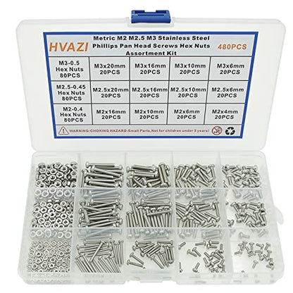 480PCS M2 M2.5 M3 304 SS Phillips Pan Head Machine Screws & Nuts Kit - size: M2/M2.5/M3
