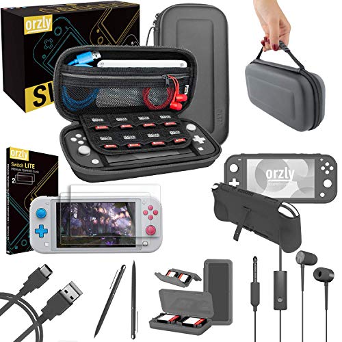 Orzly Switch Lite Accessories Bundle - Case & Screen Protector for Nintendo Switch Lite Console, USB Cable, Games Holder, Comfort Grip Case, Headphones, Thumb-Grip Pack & more (Orzly Gift Pack - Grey) - color: Grey