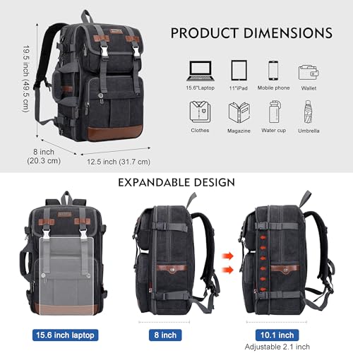 WITZMAN Canvas Travel Backpack for Men Large Laptop Backpack Fits 16 Inch - color: Black