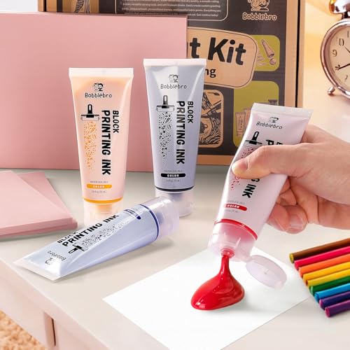 Bobblebro Linocut Kit for Printmaking, Stamp Making Kit with 4 Color Ink - color: 4 colors