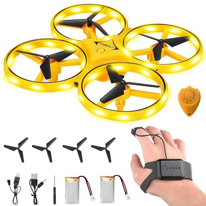 Gesture Control Drone Rc Quadcopter Aircraft Hand Sensor Drone with Smart Watch Controlled, 2 batteries, 360° Flips, Led Light, 3 Modes, 2 USB Cables, Best Gift for Kid