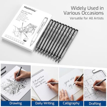 Matthiola Precision Black Micro Pen - Waterproof Archival ink, For Multiliner - Sketching, Anime, Illustration, Technical Drawing, Office Documents&Scrapbooking, 10Pcs/Set