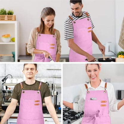 OUNLEN Chef Apron for Men Women Canvas Aprons with 3 Pockets Cross Back Resistant Work Apron for Cooking - color: Light Pink