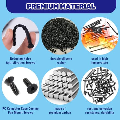 160Pcs PC Computer Case Cooling Fan Mount Screws Set, M5x10 Black and Silver Case Fan Mounting Screws and 65mm Soft Rubber Rivet, Laptops Computer Screw Kit