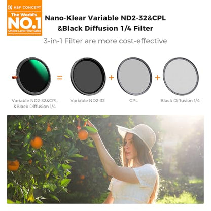K&F CONCEPT 62mm Black Diffusion 1/4 & Variable ND2-32 & Polarizing-in 1 - size: 62mm