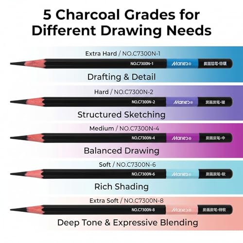 Marie's Charcoal Pencils for Drawing, 10 Pieces, Extra Hard Hard Medium Soft Extra Soft, Sketching Pencils for Artists, Smooth Charcoal Core for Layering, Blending and Detailed Artwork(Hard) - style: Hard (10pcs)
