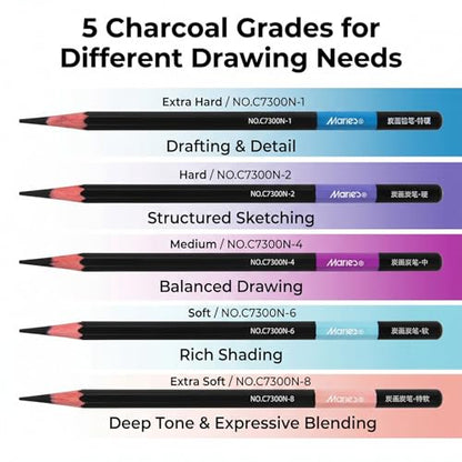 Marie's Charcoal Pencils for Drawing, 10 Pieces, Extra Hard Hard Medium Soft Extra Soft, Sketching Pencils for Artists, Smooth Charcoal Core for Layering, Blending and Detailed Artwork(Hard) - style: Hard (10pcs)