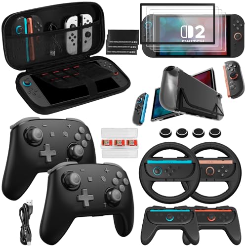 Pro Controllers Accessories Bundle for Nintendo Switch 2 20-in-1: Wireless Controllers, Carrying Case, Screen Protectors, Dockable Console Protective Case, Steering Wheels and Thumb Grips for Joysticks - Grey - color: Grey