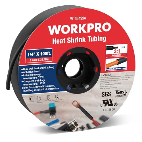 WORKPRO 1/4" Heat Shrink Tubing, 100 ft, 3:1 Dual Wall Adhesive - size: 1/4"-100ft
