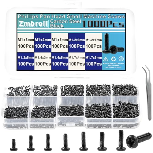 1000Pcs Tiny Micro Repair Screw Metric M1/M1.2/M1.4/M1.7 Black Carbon Steel Phillips Pan Head Small Machine Screws Assortment for Eyeglasses,Watches,Clocks,Mobile Phone