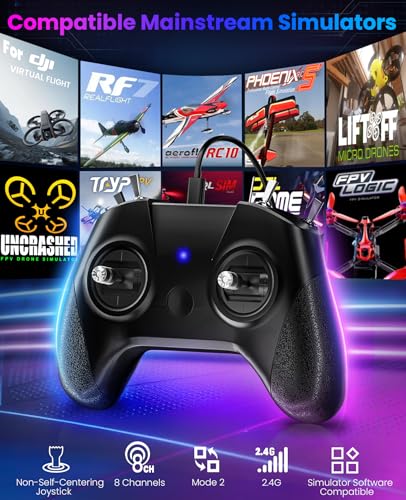 FLYDrone S8 FPV Flight Simulator Controller -Anti-Slip PU Handle, 8CH Metal Joystick, Ergonomic Design for DRL/Uncrashed/Liftoff/DCL Beginner Pilots (Mode 2, Black)