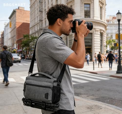 BAGSMART Camera Sling Bag with Tripod Holder & Rain Cover, Waterproof, Grey - color: 02-Grey