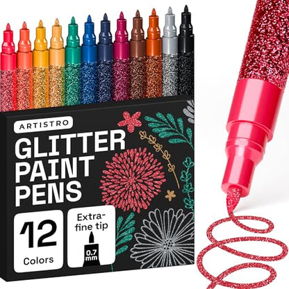 ARTISTRO 12 Glitter Paint Pens for Glass Marking - Extra-Fine Tip - color: Glitter