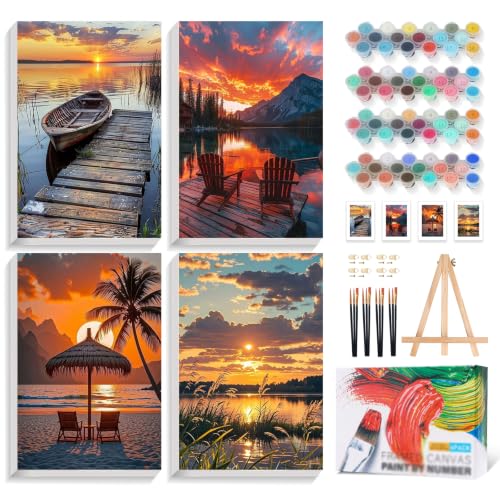 4 Pack Framed Paint by Numbers Kit for Adults with Wooden Easel, Sunset - color: YOP4P05