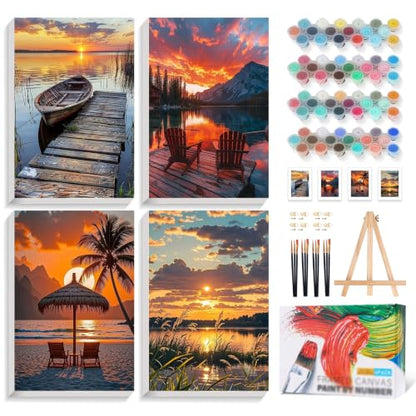 4 Pack Framed Paint by Numbers Kit for Adults with Wooden Easel, Sunset - color: YOP4P05