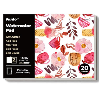 Funto Watercolor Pad, 10×7", 20 Sheets, 140lb/300gsm, 100% Cotton, Cold Press, Glue Bound, Double-Sided, Easy Tear Heavyweight Art Paper for Painting - color: Red-7x10, style: 1 PACK