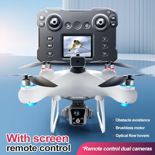 KY102 Drone with Screen Controller with SD card, Brushless Motor, Optical Flow Localization, Active Obstacle Avoidance, 2 batteries, One Key Take Off/Landing. (2 batteries - White) - color: 2 batteries - White