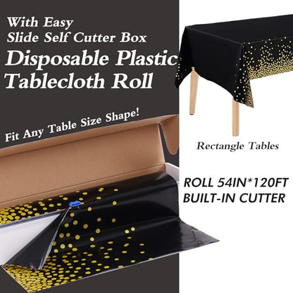 Kesfey Black with Gold Dot Plastic Tablecloth Rolls 54 inch X 120ft - color: White Golden Dot