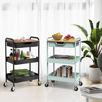 3 Tier Rolling Cart, Utility Cart with Drawer& Table Top, Mint Green - color: Mint Green