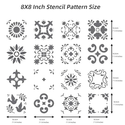 16 Pack 8x8 Inch Mexican Tile Stencil Set - Reusable Tile Templates - size: 8 X 8 Inch