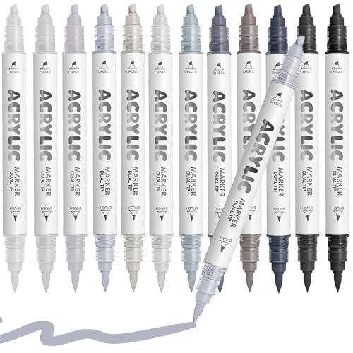 White Gray Acrylic Paint Pens, Water Based 12 Colors Dual Tip - color: White Gray Series