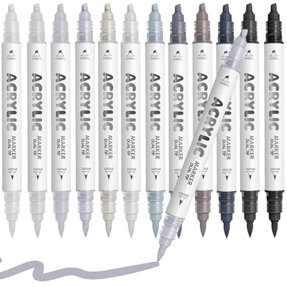 White Gray Acrylic Paint Pens, Water Based 12 Colors Dual Tip - color: White Gray Series