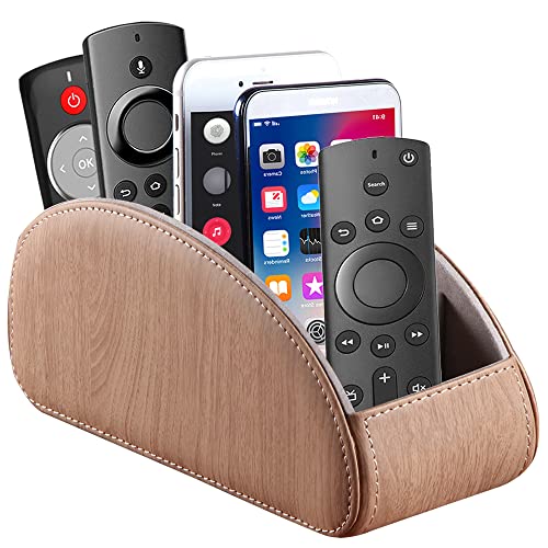 All-in-One Leather TV Remote Control Holder with 5 Compartments Nightstand Desktop Air Conditioner Media Player Remote Caddy Storage Box Organizer Tray For Makeup Brush Pen Stationary Table Controller - color: Khaki, size: Large