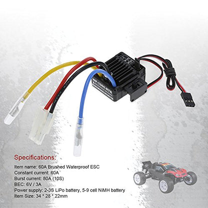 GoolRC 60A 2S-3S Brushed ESC Waterproof Electronic Speed Controller Replacement for 1/10 Tamiya Traxxas Redcat HSP HPI RC Car