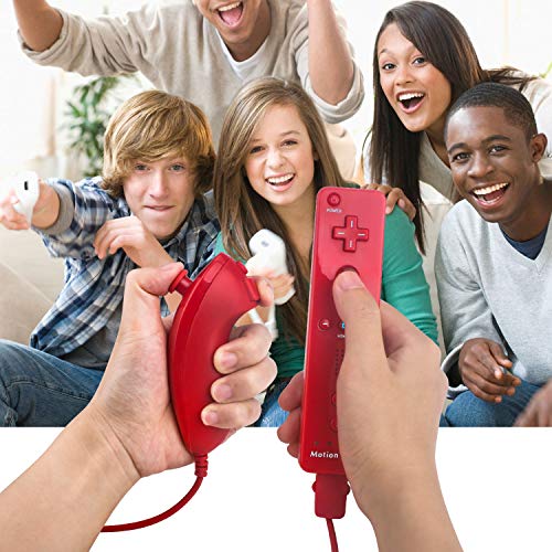 Motion Plus Wii Controllers 2Packs with Nunchucks, Wii Remote Controllers Compatible for wii and Wii U with Built in Motion Plus - color: red+red