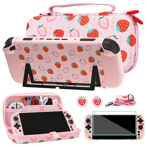 FUNDIARY Pink Strawberry Carrying Case for Nintendo Switch 2, Shockproof Accessories Kit with Slim Portable Storage Travel Bag, Protective Cover Case, Screen Protector, Shoulder Strap & 2 Thumb Caps - color: Pink Strawberry