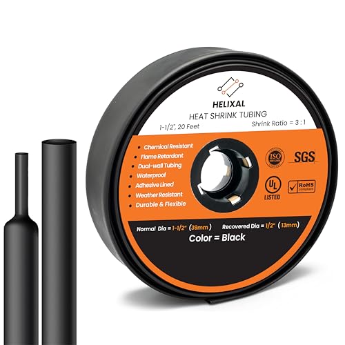 1-1/2" 38mm HELIXAL 3:1 Heat Shrink Tubing Adhesive Dual Wall 20ft Roll - color: 3:1 - Black - Large, size: 1-1/2" - 20 Feet