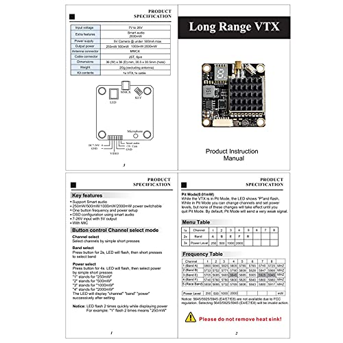 5.8GHz FPV VTX PIT/250/500/1000/2000mW Long Range Switchable Transmitter Support OSD Configuration Using Smart Audio and Microphone with MMCX, FC Uart for Racing Drone RC Drones Quadcopter RC Car