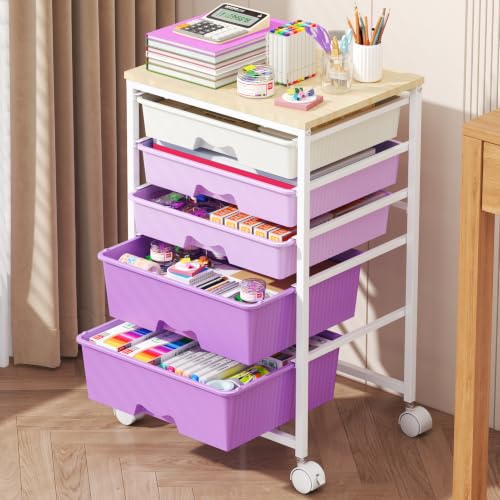 Goovilla Rolling Cart with 5 Drawers for Craft, Art, Dorm, Office, Purple - size: Purple