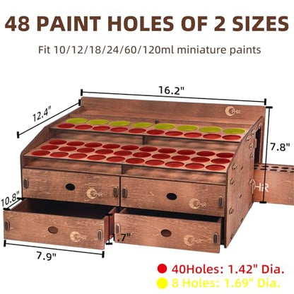 OPHIR Paint Organizer Rack, Wooden Paint Holder with 48 Holes & 4 Drawers