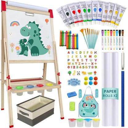 Adjustable Wooden Art Easel for Kids,Double Sided Chalkboard & Whiteboard - color: green