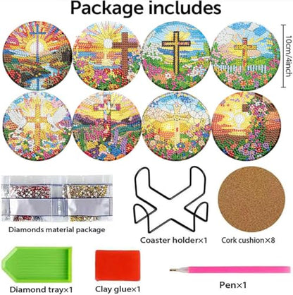 HHMATITS 8 Pcs Christ Cross Diamond Art Coasters 4X4 Inch - color: Cross