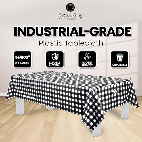 Grandipity Plastic Table Cloth Disposable 12 Pack 54” x 108” Rectangle - color: Black Gingham, size: 54in. x 108in. Rectangle