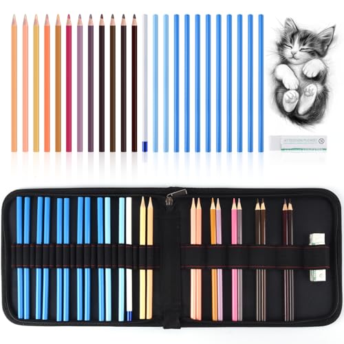 Professional Drawing Set,12 Colored Pencils,12 Graphite Pencils,Eraser,Case - color: Set-Skin