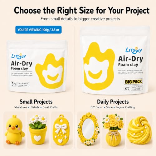 Yellow Air Dry Foam Clay 100g/3.5oz, Soft & Easy to Mold - color: Yellow