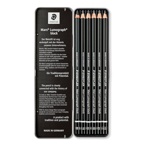 STAEDTLER Mars Lumograph Black Drawing Pencils Set: 6 Pack – Carbon Blend for Deep Black Tones, Professional Artists Pencils, 8B–HB Grades, Storage Tin, For Sketching, Shading & Fine Art Drawing - size: 1 Count (Pack of 6), style: 6 Grades
