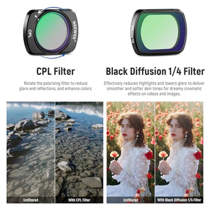 NEEWER ND Filter Set Compatible with DJI Osmo Pocket 3 / Pocket 4 / Xtra Muse, ND16/32/64/256, CPL, Black Diffusion 1/4 Filter for Mist Cinematic Effect, Wide Angle, Macro Lens, FL-B17